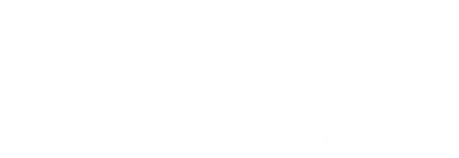 Logo of the Hamilton County Democratic Party featuring three wavy lines, a circle with a D in the center, and the organizations name written below.